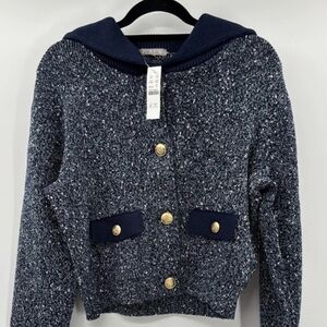 Navy Tweed Cardigan with Gold Buttons